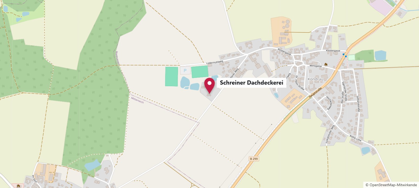 Karte von Kondrau mit dem Standort der Schreiner Dachdeckerei am Gummelbergweg 5